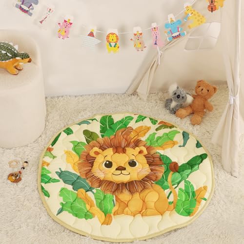 WINGHENLEE Baby Round Play Mat, Premium Thicker Foam Baby Mat for Floor, Tummy Time Foldable Baby Foam Play mat for Babies, 40 * 40 Round Anti-Slip Activity Mats for Infant and Toddler, Lion