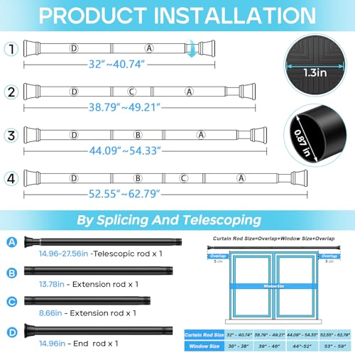 Image of 2 Pack Spring Tension Curtain Rod 32-62 inch, Adjustable Expandable Tension Curtain Rod No Drilling, Tension rods for Window Doorway Kitchen Curtain, Black