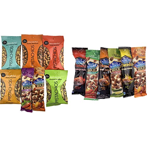 Wonderful Pistachios No Shell Variety Pack And Blue Diamond Almonds Flavored Almonds Variety Pack, 6 Flavors, 1.5Oz Each Bundle #TOP23