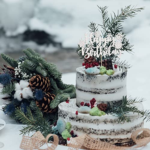 Gyufise 1 Pack Snowflake Happy Birthday Cake Topper Glitter Winter Wonderland Cake Pick Winter Frozen Theme Cake Decorations Birthday Theme Party Christmas Baby Shower Decoration Supplies White #TOP3
