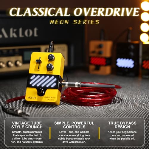 Image of AKLOT Overdrive Electric Guitar Pedal: Warm Bluesy Crunch to Classic Rock Drive, Dynamic Touch-Responsive Drive, Gain & Tone Controls, Mini Guitar Effects Pedal True Bypass, NEON GoldRush