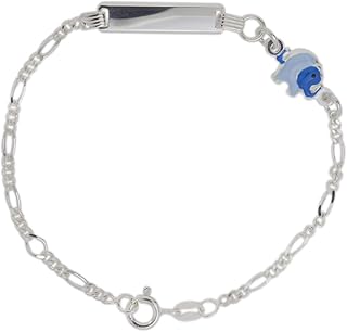 Bracelet d'Identification Nom Enfants Argent 925 avec Éléphant Bleu, Cadeau Bébé Garçon