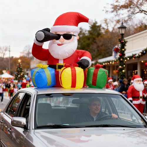 5 FT Christmas Rooftop Inflatable Santa with Telescope & Lighted Gift Boxes for Cars SUVs Trucks & Golf Carts Blow Up Yard Decoration for Lawn Garden & Indoor Holiday Display