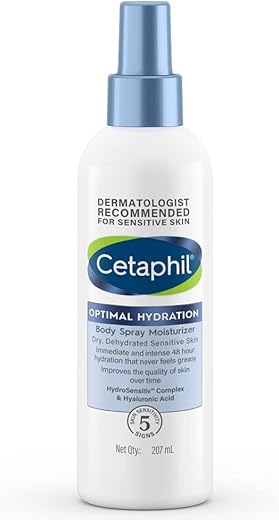 Cetaphil Optimal Hydration Body Spray Moisturizer 207ml | Lightweight moisturizer & non-greasy | Hyaluronic Acid, Sunflower Oil, Blue Daisy extract