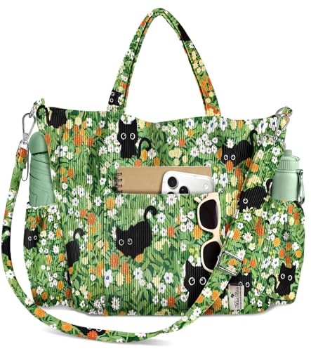 Miss Adola Crossbody Corduroy Tote Bag for Women Large Tote Bag with Multi-Pockets and Zipper Cute Essentials for Travel Work - Floral Cats