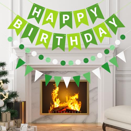 Image of Green Happy Birthday Banner Hanging Sign Circle Dot Triangle Bunting
