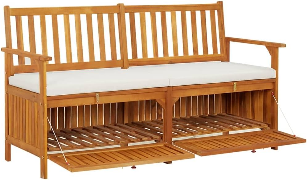 Solid Acacia Wood Storage Bench with Removable Cushion, 4-Piece Outdoor Storage Seating Set for Patio and Garden, Brown Polyester Cushion Included