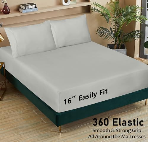 Image of RUVANTI 100% Cotton Percale Sheets Queen Size - Crisp Cooling Bed Sheets for Hot Sleepers, Deep Pocket 16 inch, Soft Breathable & Durable Hotel-Style 4 Piece Set, Silver