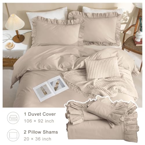 Image of QSH 3Pcs Washed Cotton Ruffle Duvet Cover King Size,Beige Khaki Linen Like Shabby Farmhouse Vintage Boho Chic Comforter Cover French Country Rustic Ruffled Bedding Set Soft Breathable Quilt Cover Set