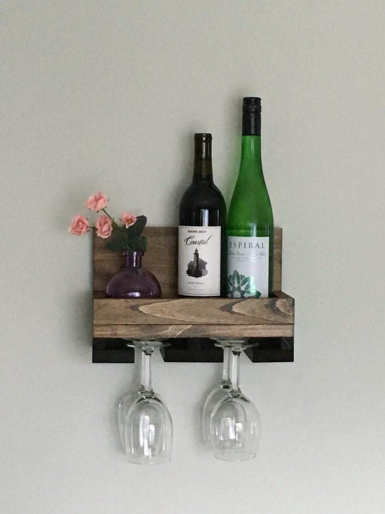 Wood Wine Rack Shelf & Stemware Glass Holder Organizer Unique Bar Shelving Rustic Wedding Gift Wine Rack Wall Mounted 3 Bottles and 4 Wine Glass Rack Hold-image-29