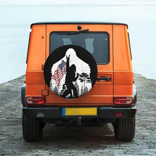 Image of Spare Tire Cover with Camping Bigfoot American Flag Pattern Wheel Protectors Weatherproof Wheel Covers Universal Fit for SUV Truck Rv Travel Camper Trailers Accessories 17inch
