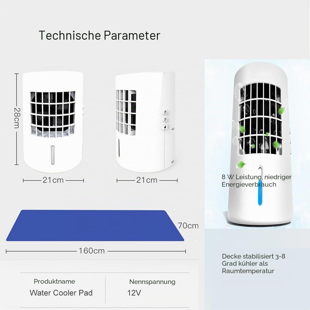 Kühlende Matratzenauflage -12V 8W Sommerbettkühlung für heiße Schläfer -Wasserkühlsystem für Bett, Klimagebläse + Kühlkissen,70x160cm