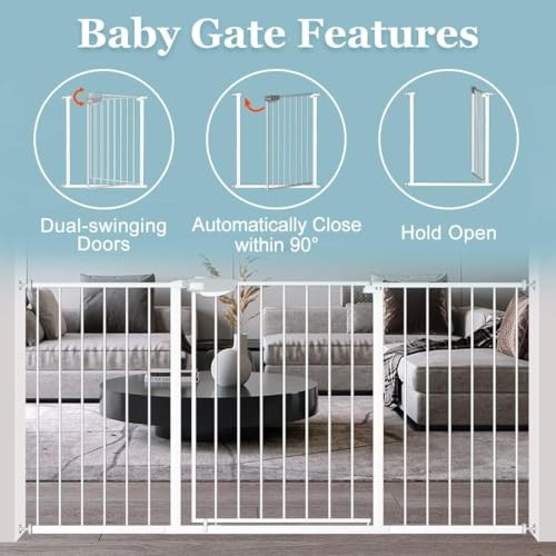 Image of WAOWAO Triple Lock Baby Gate Extra Wide 67.32-72.04 inch Pressure Mounted Walk Through Swing Auto Close Safety White Metal Dog Pet Puppy Cat for Stairs,Doorways,Kitchen