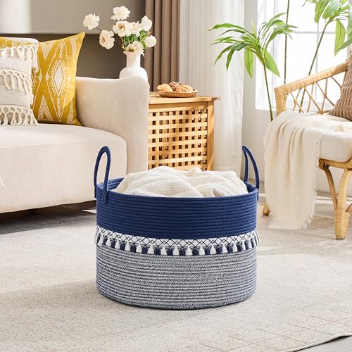 Image of KAKAMAY Cotton Rope Storage Basket (20 inchx13 inch),Woven Hamper for Blankets,Toys,Pillows,Clothes,Laundry,Sturdy Handles Decorative Basket for Living Room, Bedroom,Nursery(Blue /White)
