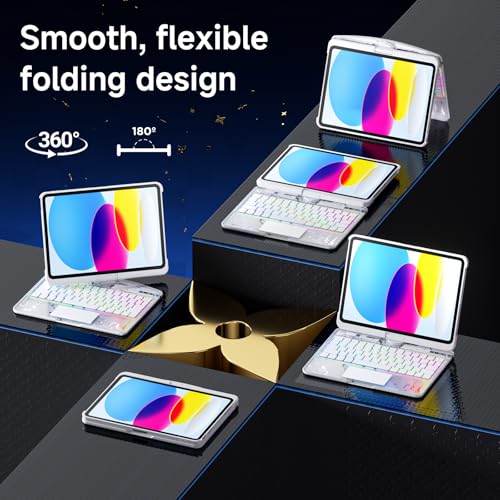 Image of Clear Wireless Keyboard Case for iPad (A16) 11th Generation 11-inch 2025 / iPad 10th Generation 10.9-inch 2022 with Pencil Holder & Multi-Touch Trackpad, 7-Color Backlit, 360 Rotatable,White