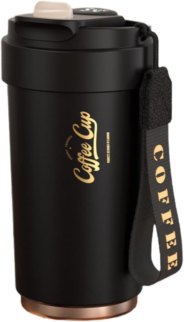 Smart Coffee Mug with Temperature Display, 15oz Double-Wall Stainless Steel with Ceramic Coating, Portable Insulated Cup for Hot and Cold Drinks, Leakproof Travel Tumbler for Office & School (Black)