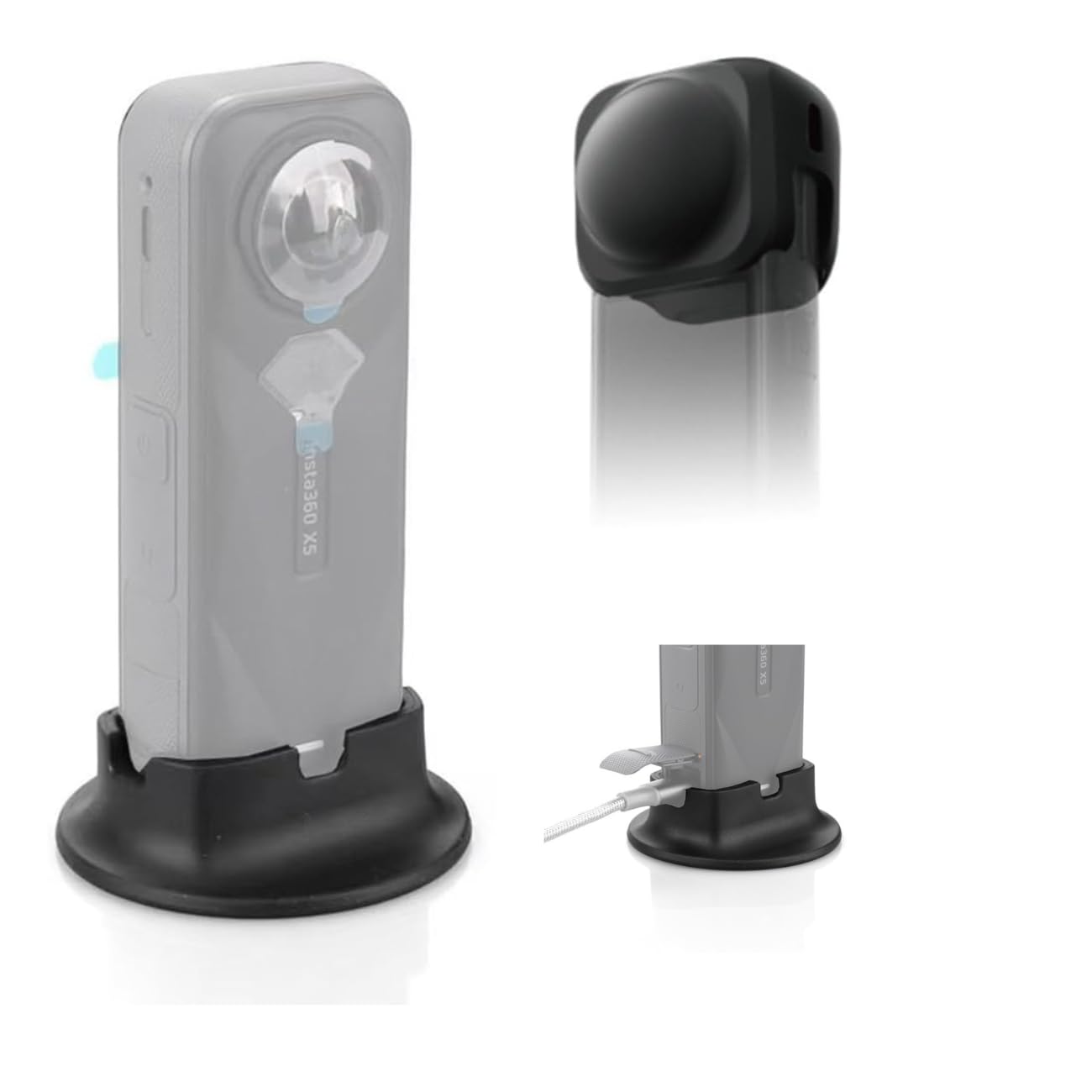 Fotoleey Desk Stand for Insta360 X5, with Lens Cap | Desk/Dashboard Kit, Heavy-Duty Adhesive Pad, On-Base Charging, Dustproof, Charge-Friendly