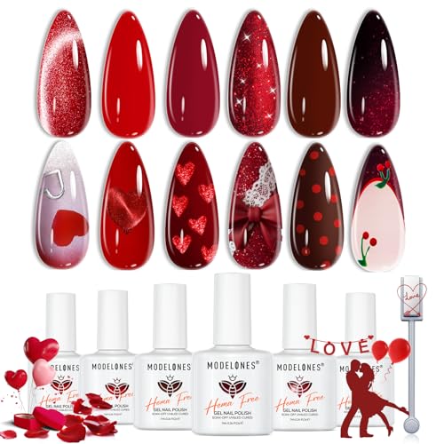 modelones Red Gel Nail Polish Set 2026 Valentine's Day 6 Colors Burgundy Cherry Dark Red Cat Eye Glitter Color Changing Hema&TPO Free Gel Polish Kit with Magnet Soak Off Nail Art DIY Gifts