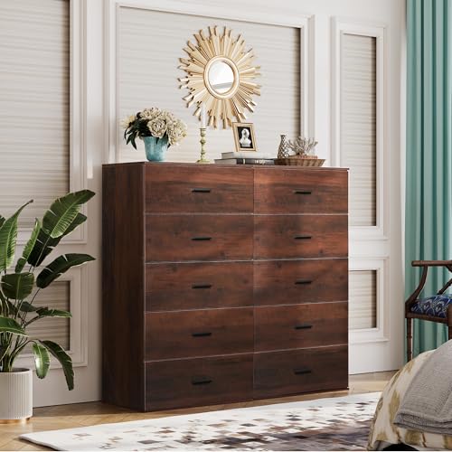 Image of WLIVE Tall Dresser for Bedroom, Wood Chest of Drawers with Mental Handles, Brown Bedroom Dresser with 5 Drawers, Modern Minimalist Closet Store Organizer for Living Room, Hallway