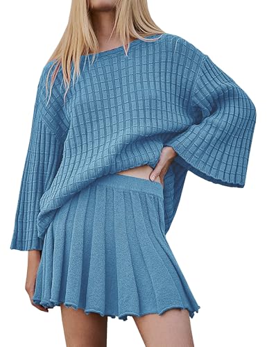 Image of Sweater Set 2 Piece Skirt Sets for Women Two Piece Outfits Casual Loose Knit Pullover Mini Skirt