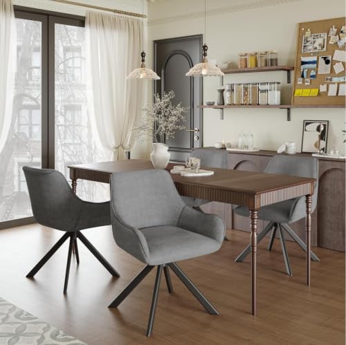 Image of Set of 4 Chairs 360 Degree Rotating Legs Stylish Stylish, Modern, Elegant & Comfortable Linen Fabric Arms Chairs for Dinning Living Hotel Cafe (4 Chairs) (Grey Linen Set of 4)