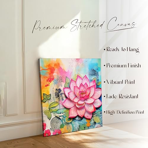 Image of PAINTINGMANTRA Abstract Lotus Floral Stretched Canvas Painting for Living Room | Modern Lotus Artwork Wall Decor Art For Livingroom, Bedroom, Office, Hallways - 34x34 Inch