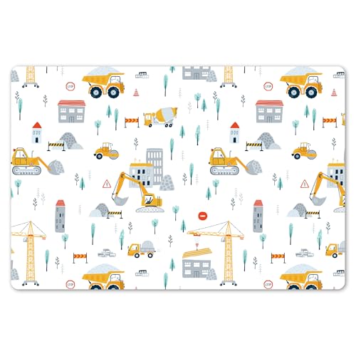 KitchenYeah© Placemats para Mesa Comedor Set 6 45x30 cm Manteles Individuales Lavables PVC Antideslizantes Estilo Elegante Niño - Obra De Construcción - Excavadora - Grúa - Patrón