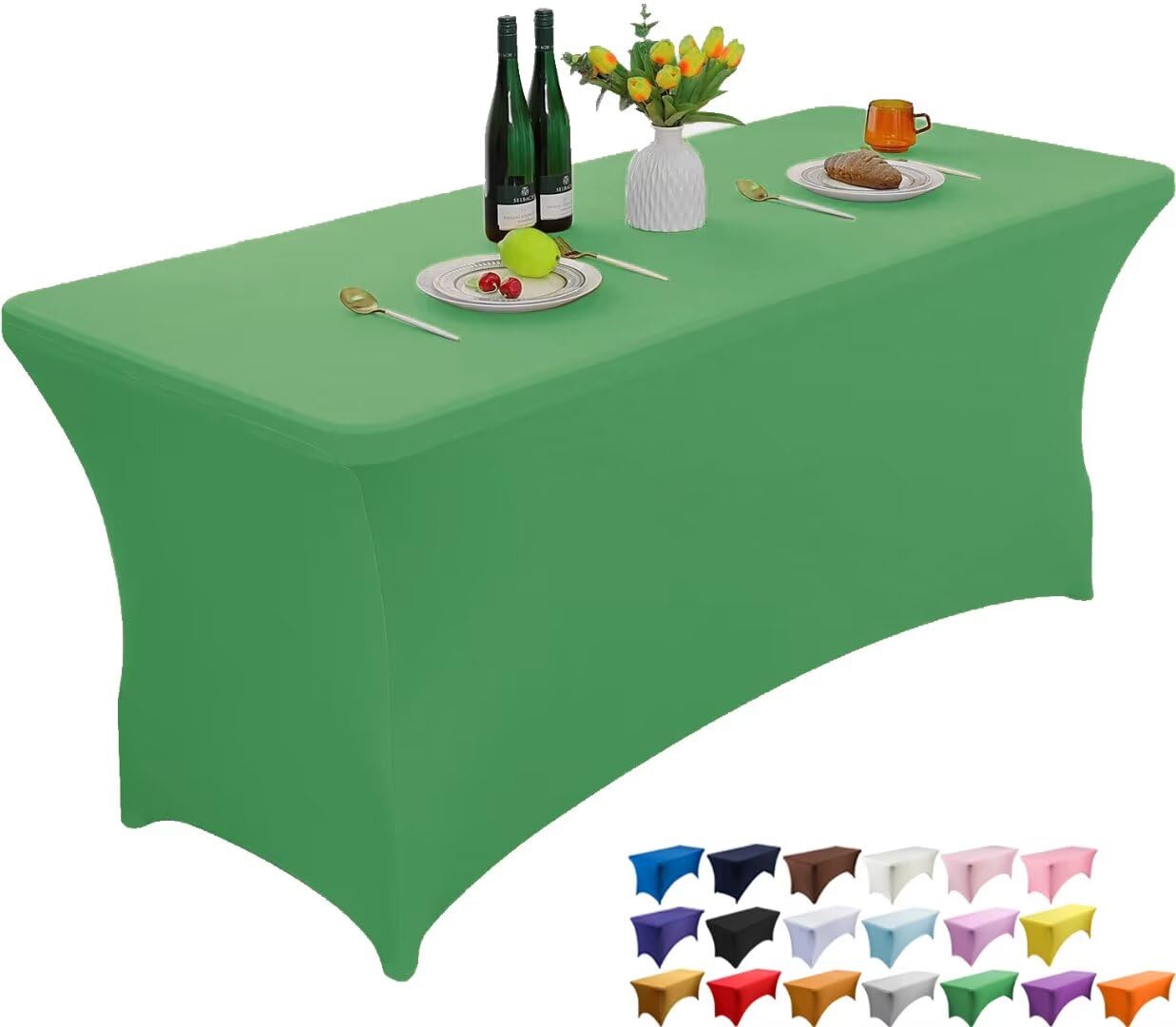 Wolfway Emerald Green 8Ft Stretch Spandex Table Cover Washable And Wrinkle Resistant Kitchen Spandex Tablecloth Fitted Rectangular Table For Party,Banquet,Weddings,Cocktail And Festival