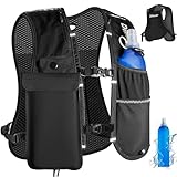 Running Vest for Women Men, Lightweight Hydration Runner Vest with Transparent Waterproof Phone Pocket, 17oz Soft Flask, Adjustable Chest Straps Reflective Backpack for Hiking Cycling Jogging