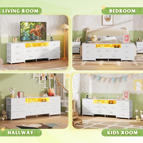 Image of WLIVE 75.5 inch TV Stand for 65, 75, 80, 85 Inch TV, Dresser for Bedroom with Power Outlets & LED Lights, 11 Drawer Fabric Dresser with Open Shelves, Entertainment Center with Storage, White