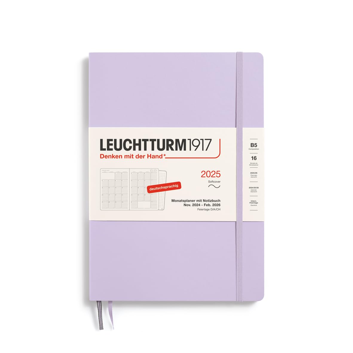 LEUCHTTURM1917 370602 Monthly Planner & Notebook 2025, Composition B5 Softcover - 16 Months, 80 g, Lined - Lilac