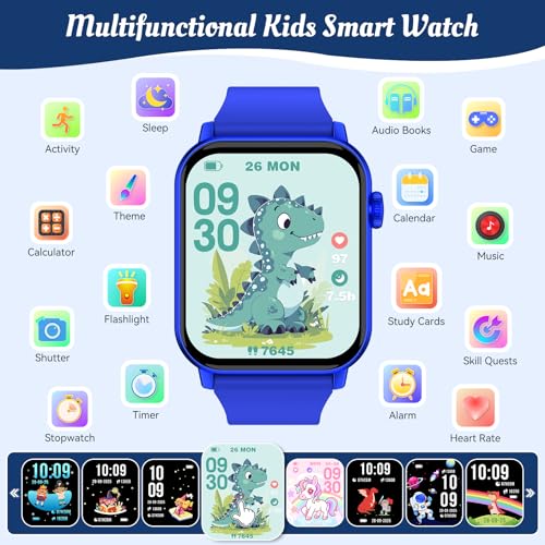Image of Smart Watch for Kids, 12 Puzzle Games HD Touch Screen Watches, Step Counter, Heart Rate and Sleep Monitor, Flashlight, Music Player,12 /24 hr Educational Toys Birthday Gifts for Girls Ages 6-12 (Blue)