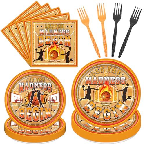 TAKEALOOKO Basketball Party Decorations, 96 Pcs Let the Madness Begin Plates and Napkins Tableware Set, Sports Theme Birthday Tableware Party Decorations Supplies Serve 24