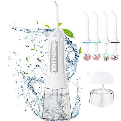 Irrigador Bucal Portátil,4 Modos 4 Boquillas,300ml,Irrigador Dental DIY Modo Multifuncional Recargable,Profesional Lavado Pulsado,IPX7 Impermeable,Limpieza Dientes de Ortodoncia y Dientes de Implante