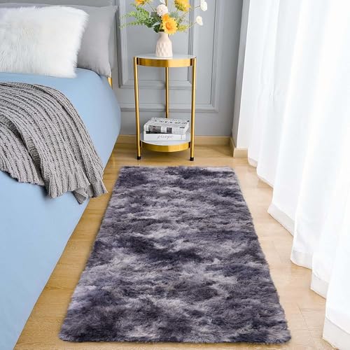 Aspire Homeware Rugs Living Room - Dark Grey Area Rugs for Bedroom Anti Slip - Modern Super Soft Thick Pile Fluffy Shaggy Rug Non Shedding (Tye-Dye Grey, 60x110 cm)