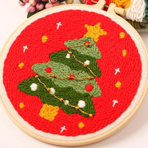 Image of Harimau 3pcs Beginner Embroidery Kit,Christmas Pattern,Punch Needle Kits, Including Stamped Embroidery Cloth with 3 Embroidery Hoops, Multicolor Color Threads for Embroidery Kit