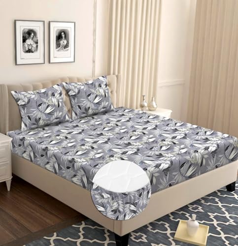 Image of HOMEKART 120 TC Cotton Rich Elastic Corner Fitted Bedsheet with 2 Pillow Covers | Double Bed 72x68+6 Inches | Wrinkle-Free, Super Soft & Breathable Floral Design | Grey