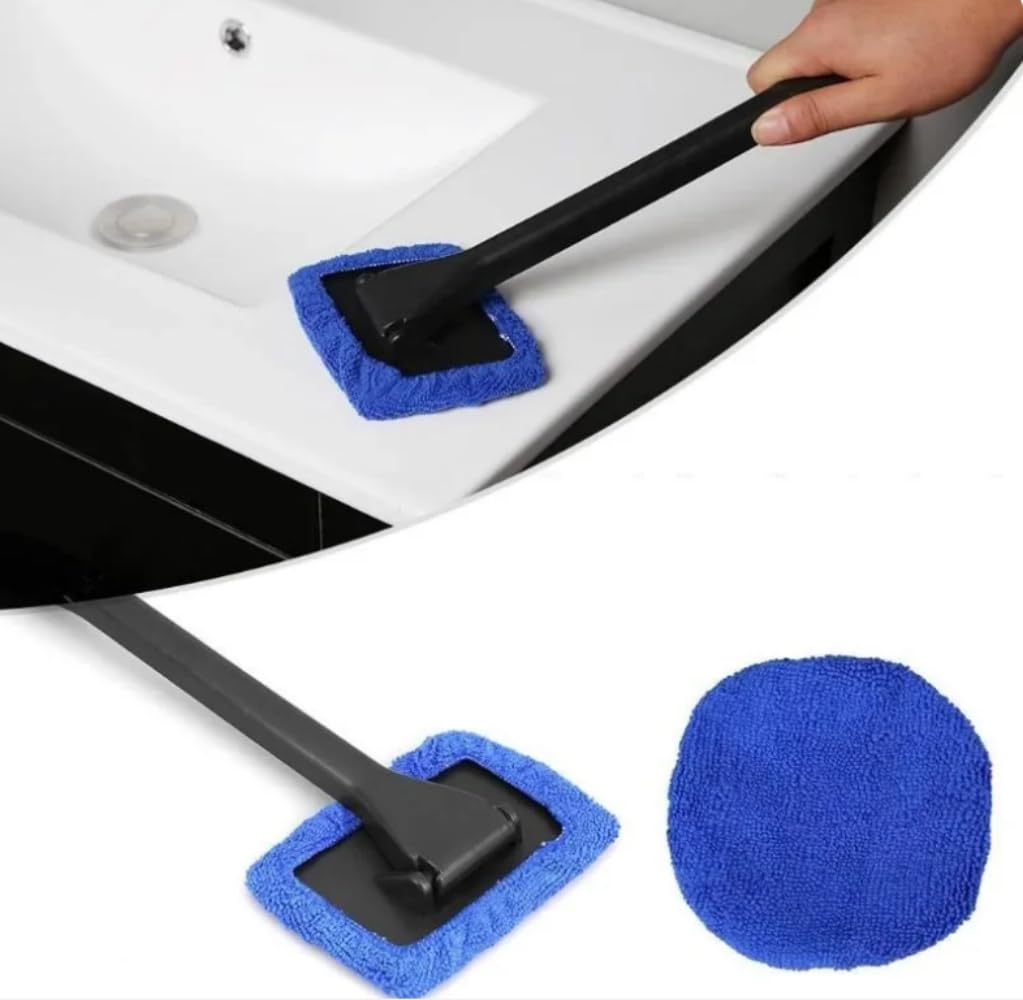 Windshield Cleaner Tool Car Window Cleaner with 6 Reusable and Washable Microfiber Pads and Extendable Handle Auto Inside Glass Wiper Kit (Blue)