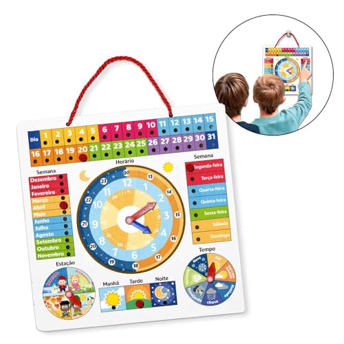 Calendário Relógio Infantil Educativo em Madeira – Brinquedo Montessori para Aprender Horas, Dias, M