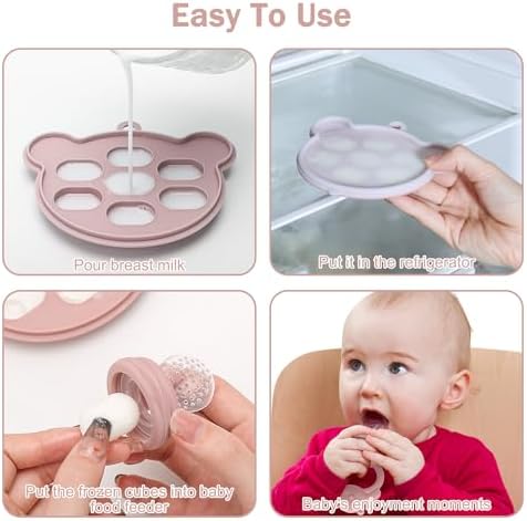 4 Pack Silicone Teething Mitten for Babies with Baby Fruit Food Feeder & Freezer Tray Set, BPA Free Infant Teething Relief Toy for 3 Month+, Additional Silicone Sacs - 2