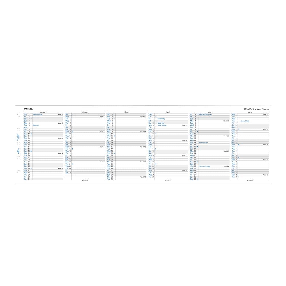 Filofax Calendar Diary Refill, Mini Size, Vertical Year Planner, White Paper, English, 2026 (C68102-26)