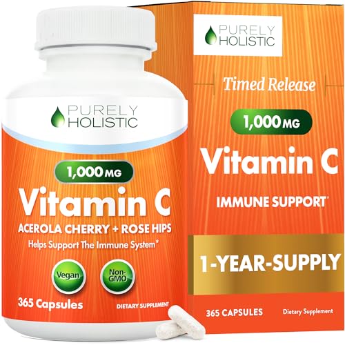 Purely Holistic Vitamin C 1000mg, 365 Capsules, 12 Month Supply, 2 Stage Timed Release with Ascorbic Acid, Rosehip & Acerola Cherry Bioflavonoid, Immune System Support, Vegan