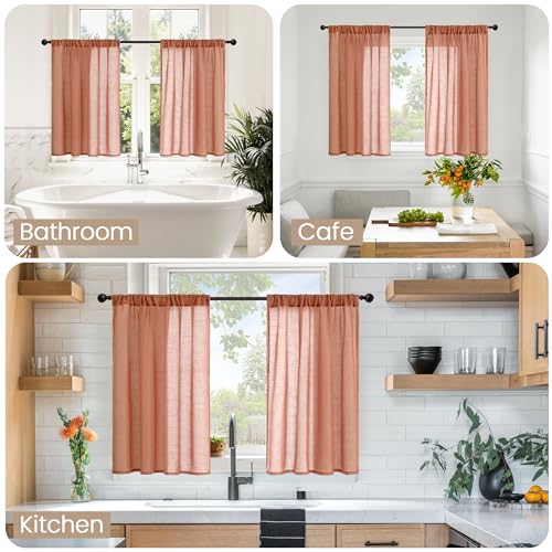 Image of BGment Rust Terracotta Linen Kitchen Window Curtains 40 Inch Length, Short Burnt Orange Drapes Semi Sheer for Cafe Over Sink Bathroom Decor with Rod Pocket Lightweight, 2 Panels Set, Each 42 Inch Wide