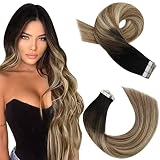 Moresoo Tape in Human Hair Extensions Ombre Black to Brown with Blonde Tape in Hair Extensions Human