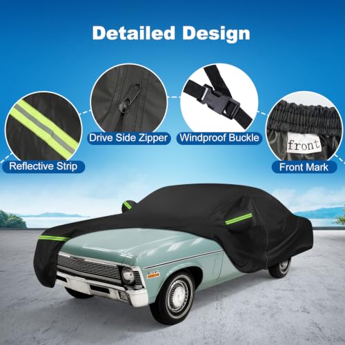 Image of QUNSUNUS Nova Car Cover 2 /4-Door 1962-1979 Waterproof with Cotton Lining | Heavy 420D Oxford Outdoor All-Weather Car Cover for Chevy Nova, with Zipper and Straps, for Dust, Sun, Wind Protection