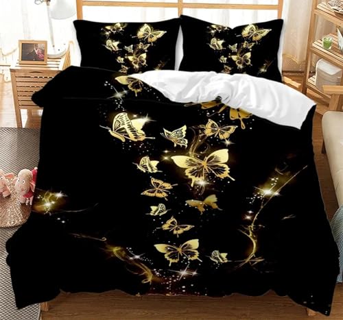 Housse de couette noire de luxe anti-plis imprimé papillon lit 140x200