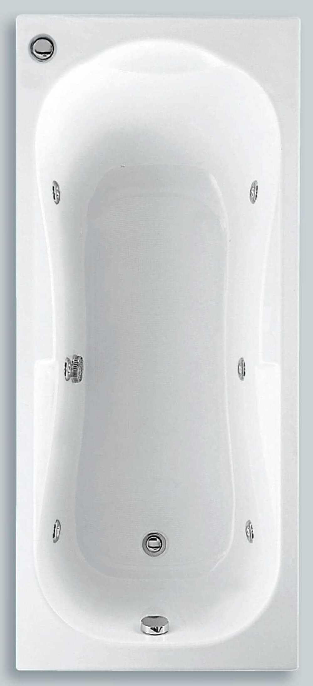 Novellini Calypso Eco Vasca da Bagno 160x70 H55cm Idro Laterale 6 Getti Reversibile Accensione Pneumatica Forma Esterna Rettangolare Interna ad Otto 2 Pannelli Acrilico Bianco Lucido Colonna Cuscino
