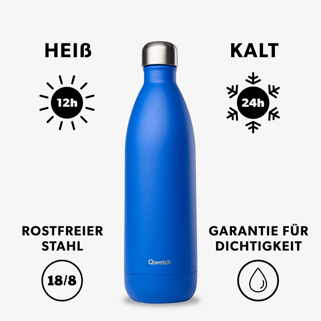 Qwetch - Trinkflasche Originals Edelstahl Isolierflasche 1L Majorelle Blau - Thermosflasche 24h Kalt & 12h Heiß - Auslaufsicher, BPA-frei, Wiederverwendbar - Perfekt für Sport, Reisen, Büro & Wandern