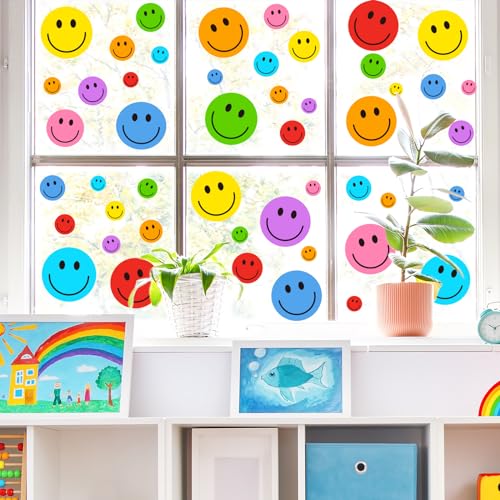 Image of Whaline 9 Sheet Smile Face Window Clings Colorful Cute Happy Face Window Decals Double-Sided Reusable Glass Sticker for Home Back to School Classroom Office Nursery Windows Decor
