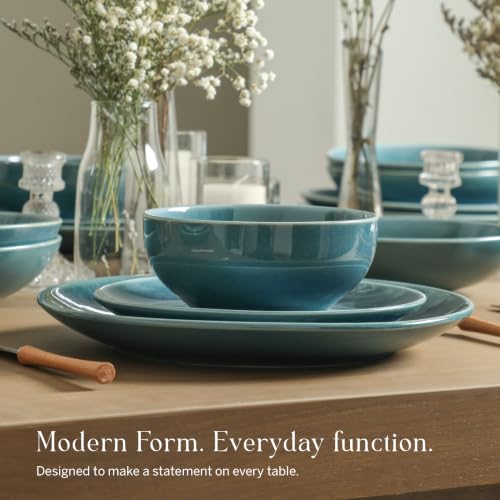 Image of Stone Lain Riley 12-Piece Dinnerware Set Stoneware, Plates and Bowls Set, Dishwasher and Microwave Safe, Dish Set for 4, Blue